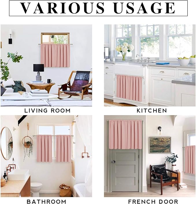 RYB HOME Small Curtains Blackout - Privacy Energy Efficiency Mini Curtains for Kids Bedroom RV Camper Windows Trailer Bathroom Kitchen Cabinet Window Tiers, W 29 x L 24, Peach Blush, 2 Panels