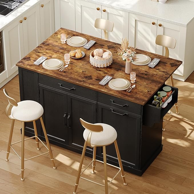 Kitchen Island with Power Outlet & Drop Leaf, Rolling Storage Cart with Trash Storage Cabinet, Farmhouse Mobile Island Table for Kitchen, Dining Room, Hidden Casters, Black and Rustic Brown
