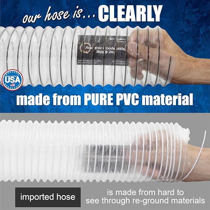 PVC Dust Collection Hose w/4 Thumbscrew Clamps, Puncture Resistant, Carbon Steel Wire, Clear Flexible PVC Dust Collector Hose, Proudly Made in USA (2 1/2" x 50')