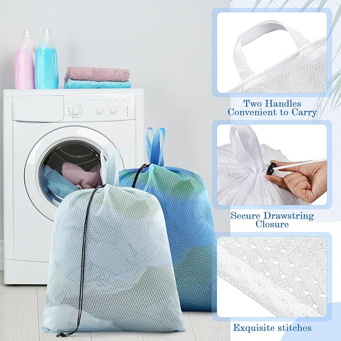 6 Pack 20 x 17 Inches Blue Mesh Laundry Bag with Handles Machine Washable Secure Drawstring Closure Large Sturdy Mesh Net Laundry for College Travel Dorm Laundromat