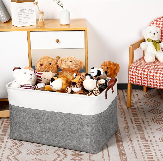 DULLEMELO Extra Large Storage Basket for Organizing, 70L Oversized Storage Bin Foldable Canvas Fabric Blanket Basket, 22" x 15" x 13" Large Kids Toy Basket Organizer with Handles (White&Grey)