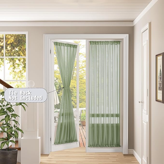 Tollpiz Sheer Door Curtains Closet Linen Textured Curtain Sheers Doorway Light Filtering Voile Patio Door Rod Pocket Curtains French Door, 54 x 80 inches Long, Sage Green, Set of 1 Panel