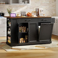Kitchen Island with Power Outlet & Drop Leaf, Rolling Storage Cart with Trash Storage Cabinet, Farmhouse Mobile Island Table for Kitchen, Dining Room, Hidden Casters, Black and Rustic Brown