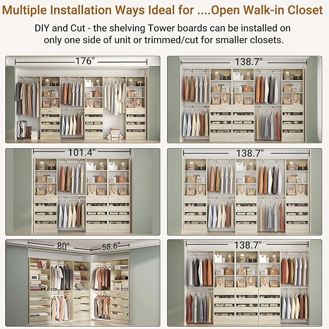 Aheaplus Closet System Set of 3, 138.5" Wood Closet Organizer System Tower with 12 Drawers & 4 Hanging Rods, 6.7+4.85Ft L Shaped Walk-in Closets Wardrobe Organizer Garment Rack with Shelves, White Oak