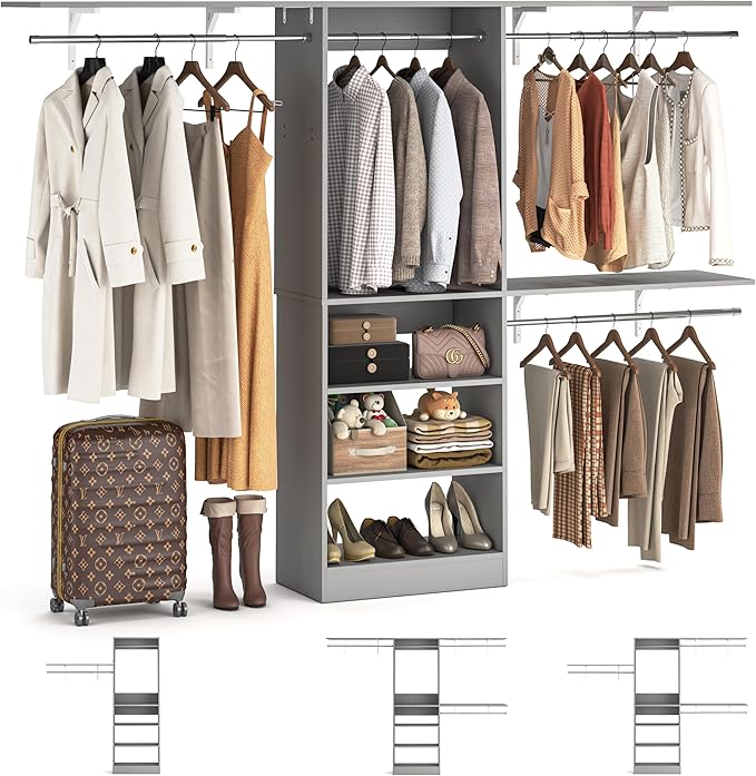 8FT Closet System with Shelves, 96'' Closet Organizer System with 3 Hanging Rods, Wall Mount Bedroom Wardrobe Walk-in Closet, Adjustable Cloth Garment Rack from 5 to 8FT (Cut to Fit), Grey