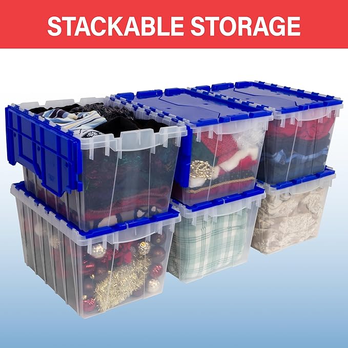 Akro-Mils KeepBox 12 Gallon Storage Container, Nesting and Stackable Plastic Storage Box with Lid Attached, Clear Tote for Garages, Closets, and Moving, 21-1/2" x 15" x 12-1/2", Black/Yellow, 6-Pack