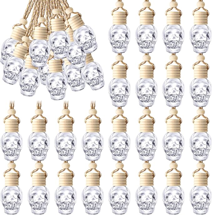 BBTO 50 Pcs Hanging Car Air Freshener Car Diffuser Bottles Empty Glass Perfume Bottle Freshener Diffuser Bottle Pendant for Essential Oil Fragrance Aromatherapy Bottle Ornament(Skull)