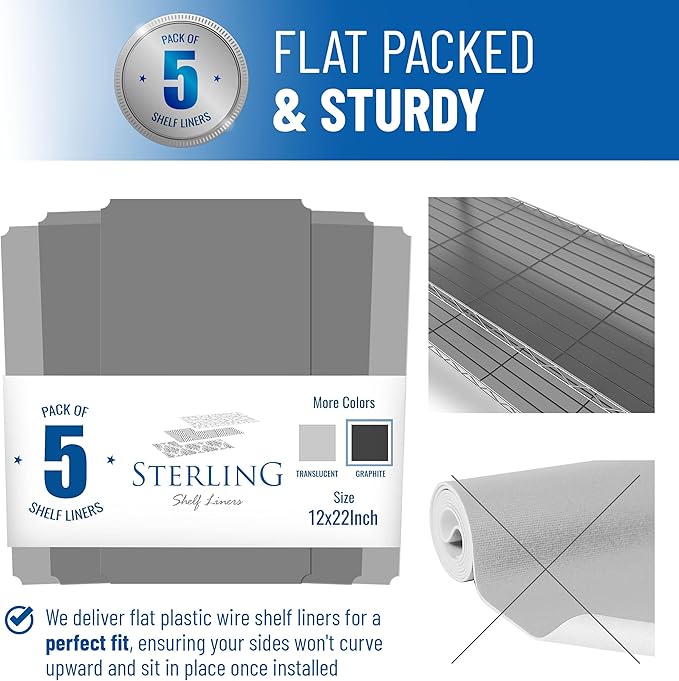 Shelf Liners for Wire Shelf System: Set of 5 in Graphite: 12 x 22 inch: Plastic Wire Shelving Shelf Mats