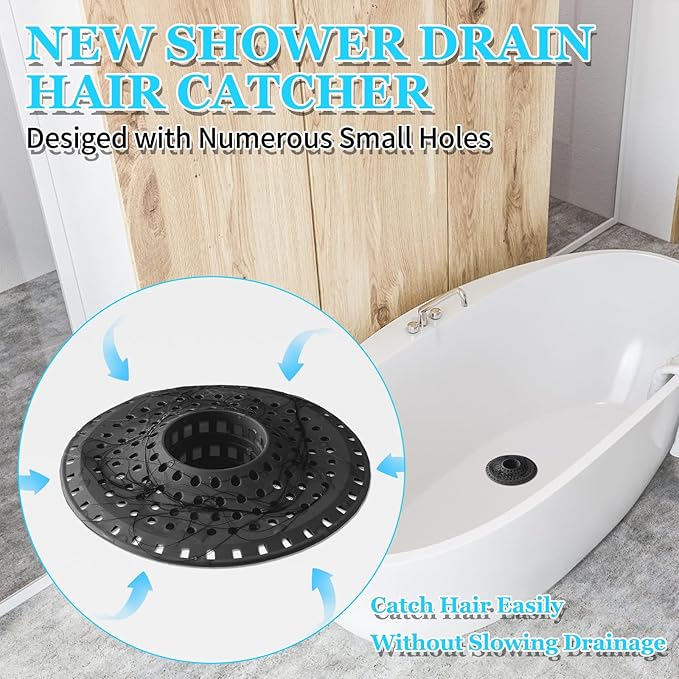 Shower Hair Drain Catcher, Silicone Bathtub Drain Hair Catcher Strainer, All-in-one Tub Hair Catcher Drain Protector for 1.48'' to 1.76'' Regular Drains, 3PCS/Black