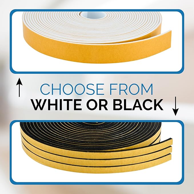 High Density Foam Weather Stripping Door Seal Strip Insulation Tape Roll for Insulating Door Frame, Window, Air Conditioner | Self Adhesive Sealing Weatherstrip (Black, 1 in x 1/2 in x 18 Ft)