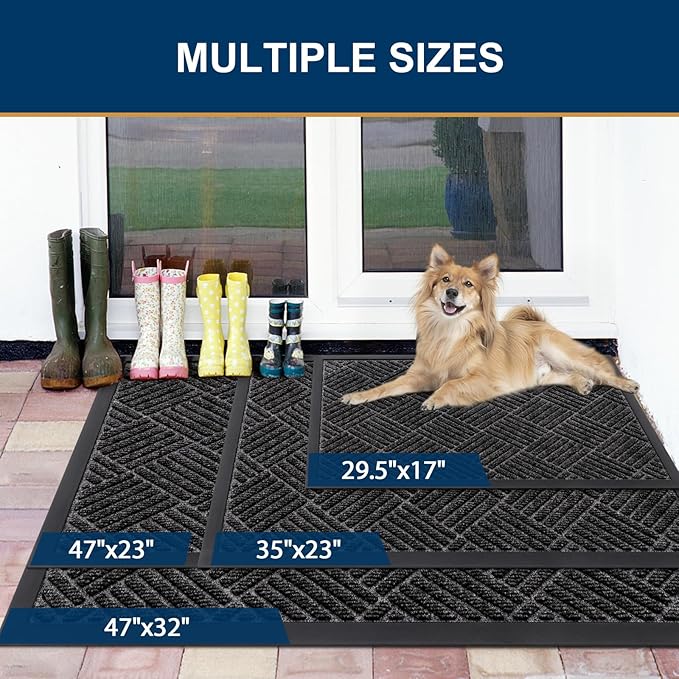 Smiry Front Door Mat Outside Entrance, Heavy Duty Outdoor Indoor Natural Rubber Doormat, Non Slip, Trap Dirt and Moisture, Easy Clean, Low Profile Patio Porch Entryway Mat, 29.5x17, Silver Grey
