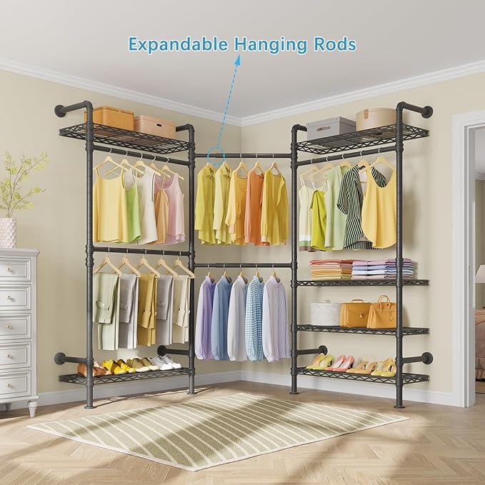 Timate F3 Garment Rack Heavy Duty Clothes Rack for Hanging Clothes, Expandable Industrial Pipe Wall Mounted Clothing Racks, Adjustable Storage Wardrobe Closet Kit Walk in Closet Systems, Black