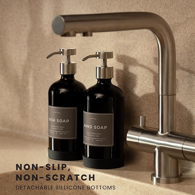 16oz Glass Soap Dispenser with Stainless Steel Pump, 21 Waterproof Labels, Non-Slip Protective Silicone Pad, Set of 2 for Bathroom & Kitchen (Gloss Black Bottle/Brushed Silver Pump)