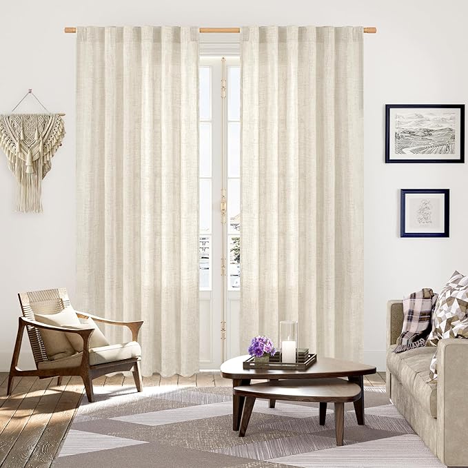 YoungsTex Linen Curtains 80 Inch Length for Living Room, Light Filtering Semi Sheer Drapes with Back Tab Rod Pocket for Bedroom Farmhouse Cream Textured Window Treatments, 2 Panels, 52 X 80 Inch