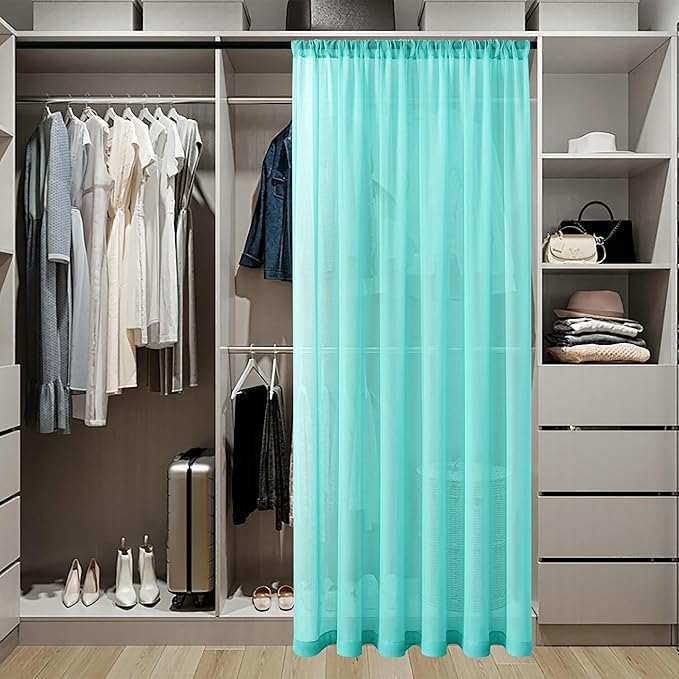 Tollpiz Sheer Door Curtain Closet Linen Textured Curtain Sheers Doorway Light Filtering Voile French Door Rod Pocket Curtains Patio Door, 25 x 80 inches Long, Aqua Blue, Set of 1 Panel