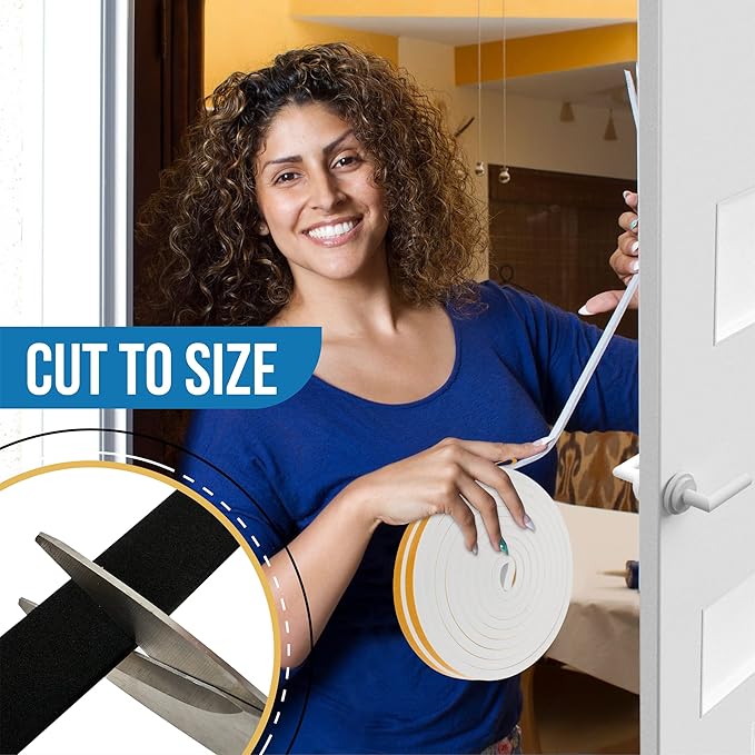 High Density Foam Weather Stripping Door Seal Strip Insulation Tape Roll for Insulating Door Frame, Window, Air Conditioner | Self Adhesive Sealing Weatherstrip (White, 1 in x 1/4 in x 30 Ft)