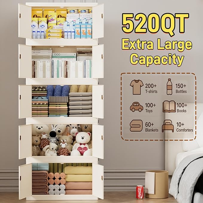 520QT/130GAL Stackable Storage Bins with 1 lid Storage Closet Organizers and Drawer Foldable Storage Bins Container with door Collapsible Storage Box for Home Office Dorm Room(104Qt X 5),White