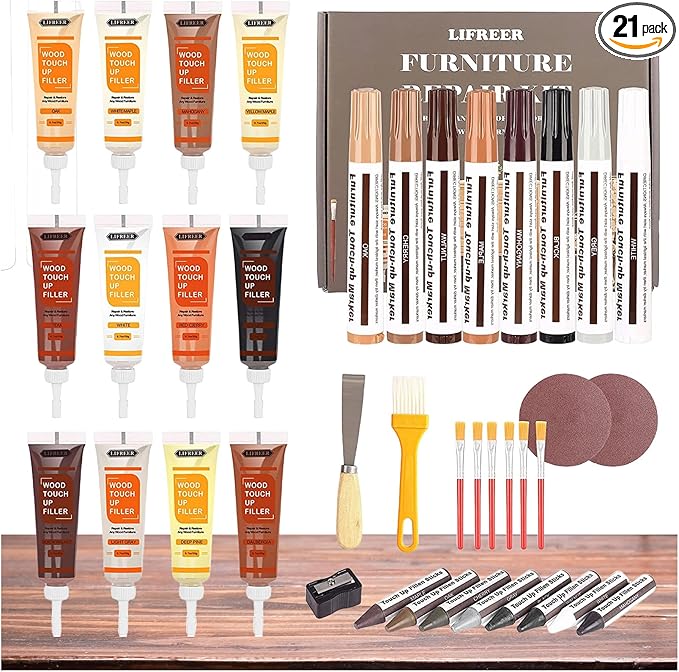 Lifreer Wood Furniture Repair Kit - 40 Pcs Wood Filler, Touch Up Markers with Wax Sticks - for Wood Floors, Stains, Scratches,Tables, Door, Carpenters, Bedposts
