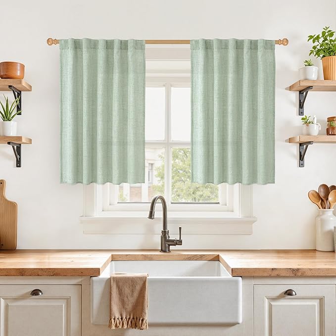 YoungsTex Sage Green Linen Cafe Curtains 36 Inch Length, Short Drapes Light Filtering with Rod Pocket Back Tab for Cafe Kitchen Windows Over Sink, 2 Panels, 42 X 36 Inch