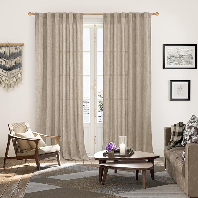 YoungsTex 90 Inch Length Linen Semi Sheer Curtains for Living Room, Dark Oatmeal Light Filtering Drapes with Rod Pocket Back Tab Textured Burlap for Bedroom, 52 X 90 Inch, 2 Panels
