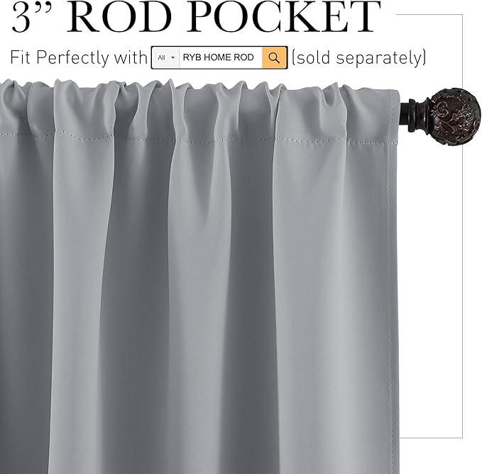 RYB HOME Blackout Curtains Small Window Decor Energy Efficiency Drapes for Kitchen Bedroom Basement Bath Tub Cafe, 42 inch Width x 36 inch Length, Silver Grey, 2 Panels