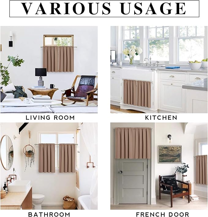 RYB HOME Blackout Curtains for Kitchen, Over Sink Privacy Curtains Window Decor, Thermal Insulating Drapes for Bathroom Cafe Bedroom Small Window, W 42 x L 24 inch, Mocha, 2 Panels