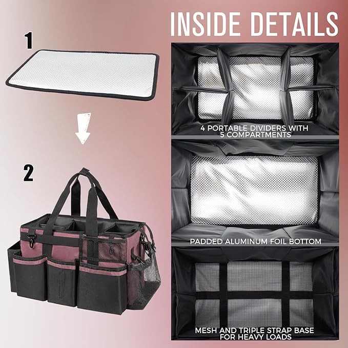 Wearable Cleaning Caddy, Cleaning Caddy Supplies Organizer with Handle & Shoulder Straps for Housekeepers, Under Sink & Car Cleaning Tool Organizers Bag with 4 Foldable Divider (LotusPink)