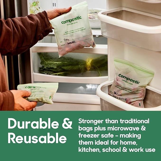 Compostic Home Compostable Resealable Sandwich Bags (7"x7"), Microwave & Freezer Safe, Organic Food Storage Container, 100 Count (Pack of 1)