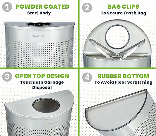 Alpine Half Round Trash Can Open Top - Modern 12 Gallon Stainless Steel Space Saving Indoor Commercial Trash Can, Narrow Garbage Can for Bathroom. Office, Lobby and Business.