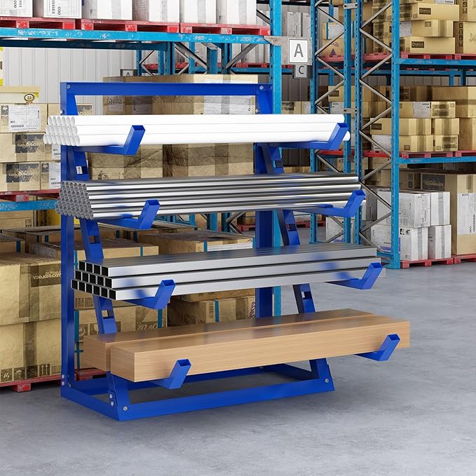 Steel Lumber & Pipe Storage Rack – Heavy Duty 4-Tier Horizontal Organizer Shelf for Garage, Workshop, Basement, 24"x48"x61"