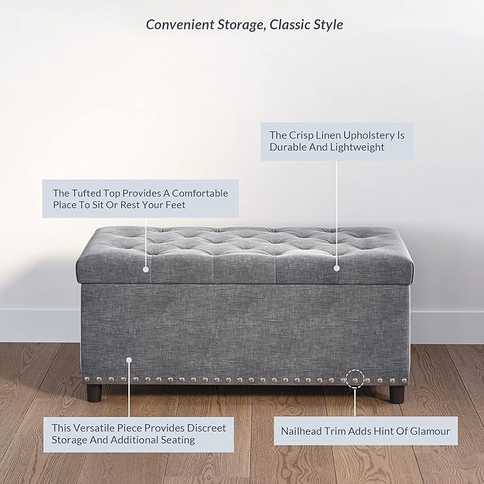 BELLEZE 35" Tufted Ottoman, Storage Bench with Safety Close Hinge, Ottoman with Storage for Living Room, Entryway, Hallway, Foot Rest, Support 300lbs - Grey