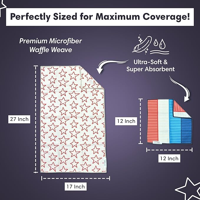 Microfiber Hand Towel & Washcloth Set of 2 - Double-Sided, Waffle Weave, Super Absorbent, Lint-Free, Fast Drying - Stars & Stripes Pattern for Bathroom, Kitchen, Car, and Window Cleaning