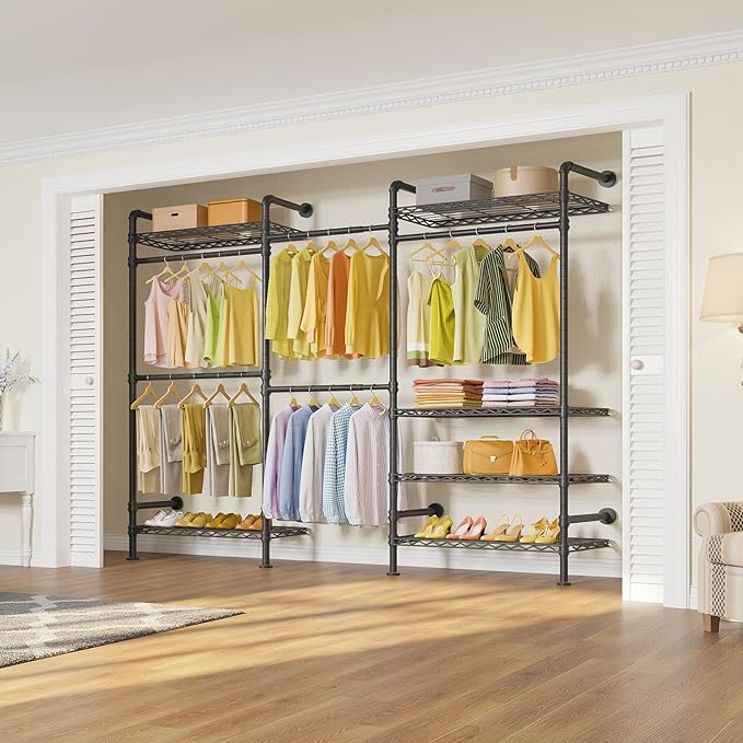 Timate F3 Garment Rack Heavy Duty Clothes Rack for Hanging Clothes, Expandable Industrial Pipe Wall Mounted Clothing Racks, Adjustable Storage Wardrobe Closet Kit Walk in Closet Systems, Black