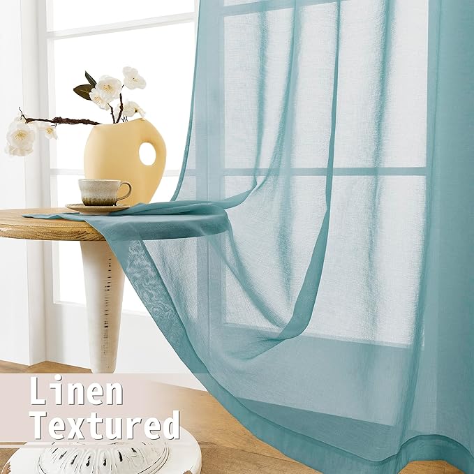 Tollpiz Short Sheer Door Curtains Closet Linen Textured Curtains Sheer Doorway Light Filtering Voile Patio Door Rod Pocket Curtain French Door, 54 x 40 inches Long, Dusty Blue, Set of 1 Panel