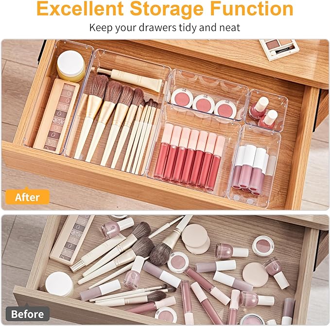 SMARTAKE 22-Piece Drawer Organizer with Non-Slip Silicone Pads, 5-Size Clear Desk Drawer Organizer Trays Storage Tray for Makeup, Jewelries, Utensils in Bedroom Dresser, Office and Kitchen, Clear
