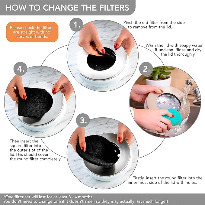 RED FACTOR Premium Compost Bin for Kitchen Countertop - Stainless Steel Food Waste Bucket with Innovative Dual Filter Technology - Includes Spare Filters (White, 1.3 Gallon)