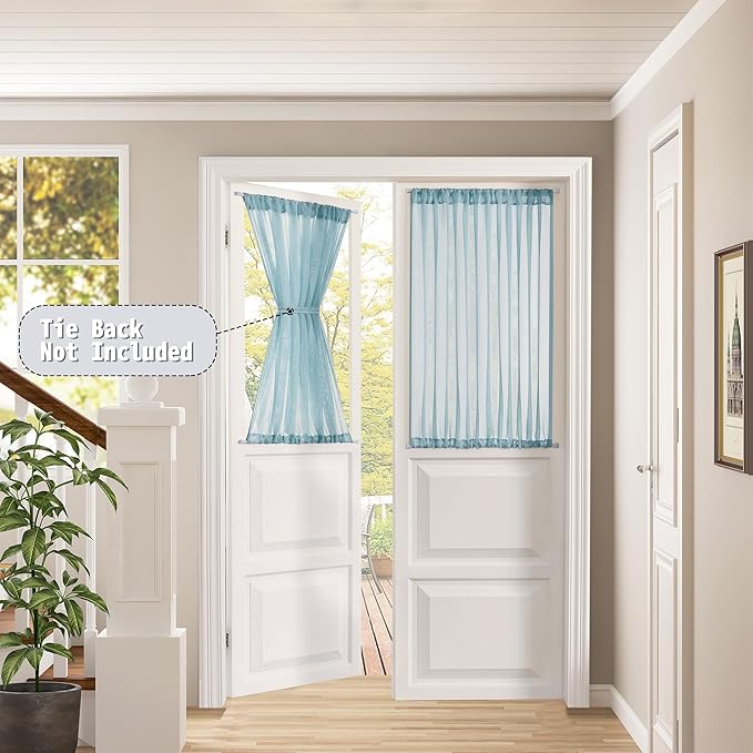 Tollpiz Small Sheer Door Curtain Closet Linen Textured Curtain Sheers Doorway Light Filtering Voile French Door Rod Pocket Curtains Patio Door, 25 x 40 inches Long, Dusty Blue, Set of 1 Panel