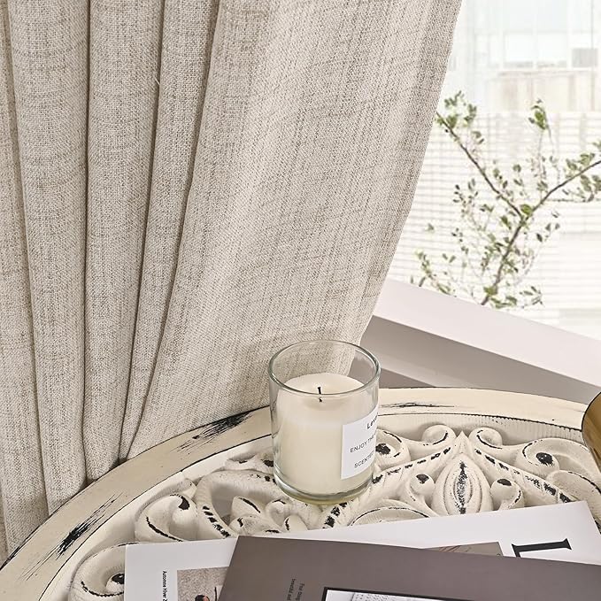 YoungsTex Linen Curtains 48 Inch Length for Kitchen Window, Short Natural Semi Sheer Drapes with Rod Pocket Back Tab for Living Room Bedroom Cafe Bathroom Light Filtering, 2 Panels, 42 X 48 Inch