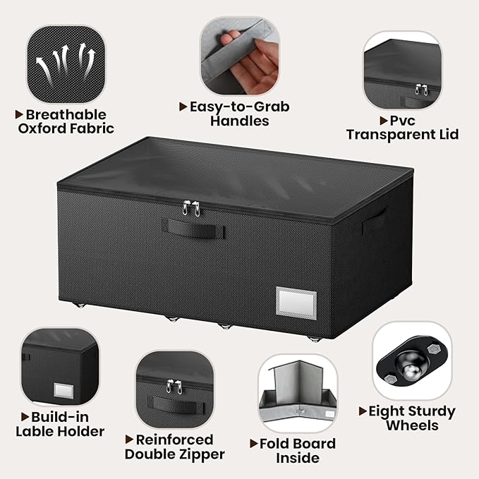 Underbed Storage with Wheels, 2 Pack Under Bed Storage Containers with Clear Lids, No Assembly Required 10.1 inch Rolling Under Bed Storage for Clothes, Blankets