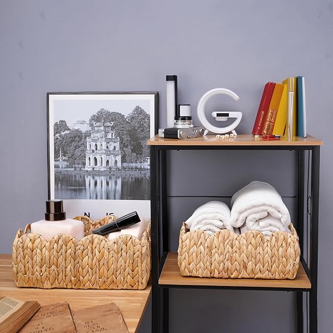 Set of 2 Scalloped Edge Wicker Storage Basket with Built-in Handles, Rectangle Water Hyacinth Basket for Organizing, Decorative Woven Rattan Basket for Shelf, Nursery Room