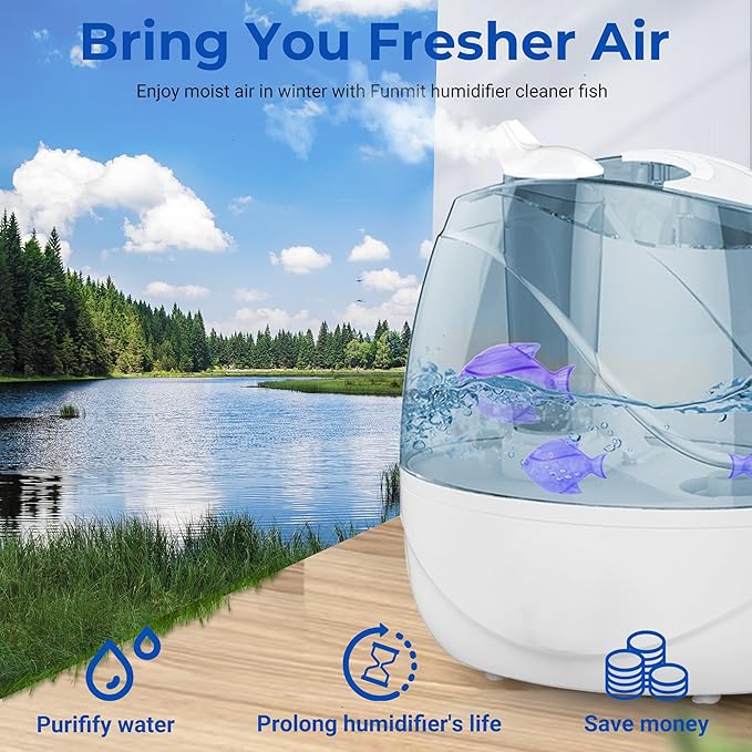 Funmit 6 Pack Universal Humidifier Cleaner Fish Compatible with Almost All Humidifiers and Fish Tanks, Purifies Water, Prevents Hard Water Build-Up, Reduces Scale, Purple