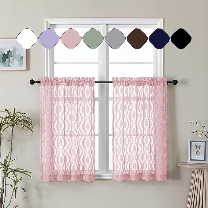 Aiyufeng Blush Pink Curtains Tiers 36 Inch Length 2 Panels Set, Airy Lightweight Clip Jacquard Window Curtians, Modern Wavy Line Textured Voile Sheer Curtains for Small Windows, 40" Wx36 L Inch