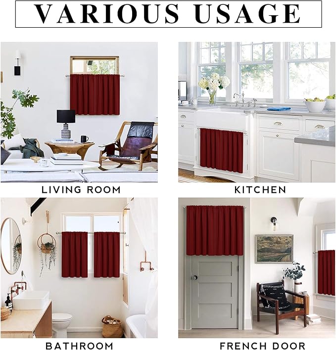 RYB HOME Bathroom Window Curtains - Super Soft Blackout Privacy Curtains for Girl Nursery Bedroom Basement Garege Workshop Kitchen Dining Living Room, W 29 x L 30, Burgundy Red, 2 Pcs