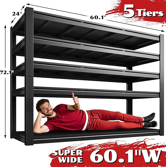 3125LBS Storage Shelves, 60.1" W Garage Shelving Heavy Duty, Adjustable Metal Shelving Unit, Storage Rack for Garage, Basement, Warehouse with Tool-Free Installation, 60.1" W x 24" D x 72.1" H