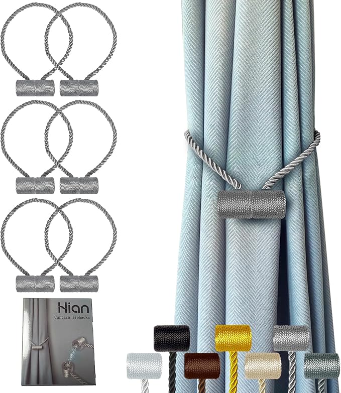 Hion Magnetic Curtain Tiebacks Grey 6 Pack, Curtain Tiebacks Buckles Holdbacks Holders Hooks Clip for Home Bedroom Office Decorative Thick or Thin Curtain