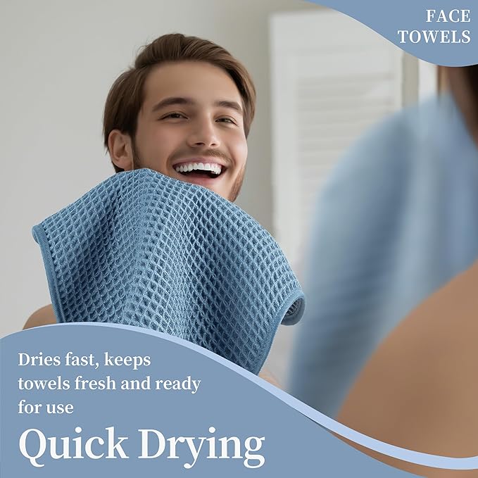 Microfiber Waffle Face Towels, 2 Pieces, Oversized, Soft, Absorbent, Fast Drying, Lint Free (Blue)
