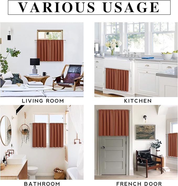 RYB HOME Small Curtains for Door Windows - Blackout Thermal Insulating Drapes for Home Theatre Bathroom Basement Cafe RV Camper Windows Blinds, Wide 34 x Long 30, Burnt Orange, 1 Pair