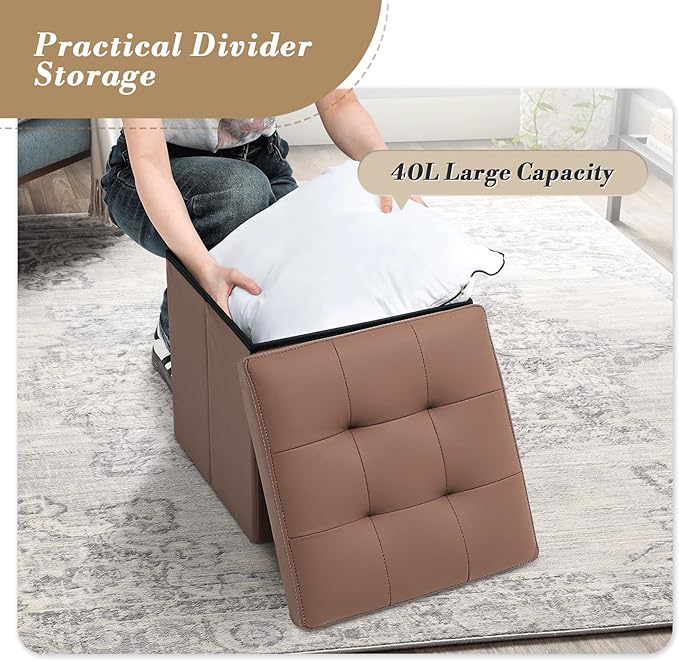 Athena Collection 15" Storage Ottoman Bench Folding Bench with 40L Hidden Storage, Small Cube Ottoman PU Leather Foot Rest Stool Chest with Flipping Lid for Living Room, Bedroom, Entryway, Brown