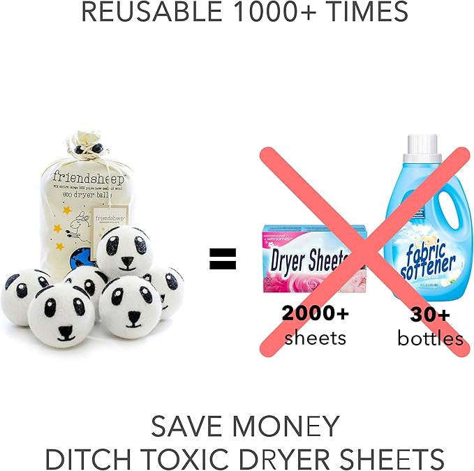 Friendsheep Wool Dryer Balls 6 Pack XL Organic Premium Reusable Cruelty Free Handmade Fair Trade No Lint Fabric Softener - Panda Pack