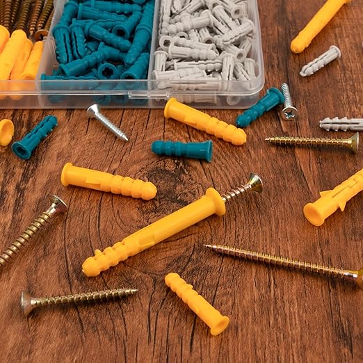 KURUI Drywall Anchors and Screws Assortment Kit 270PCS, 135 Plastic Dry Wall Expansion Anchors and 135 Philips Flat Head Wood Screws, 5 Sizes Wall Hanging Kit for Art Decor, Replaces Picture Nails